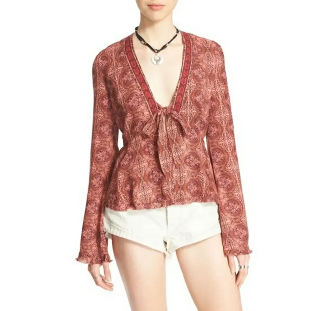 New! FREE PEOPLE Kaleidoscope Print V-neck Tie-front Long Bell Sleeve Top